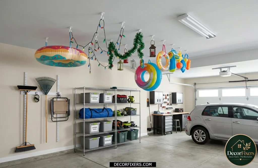 Lightweight garage storage using removable command hooks attached to the ceiling.