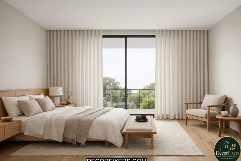 Ripple fold curtains in a minimalist Japandi-style bedroom