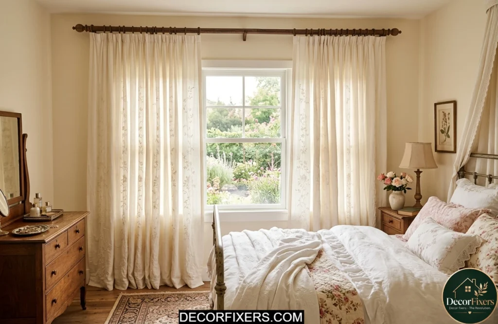 Soft rod pocket curtains creating a romantic traditional bedroom look