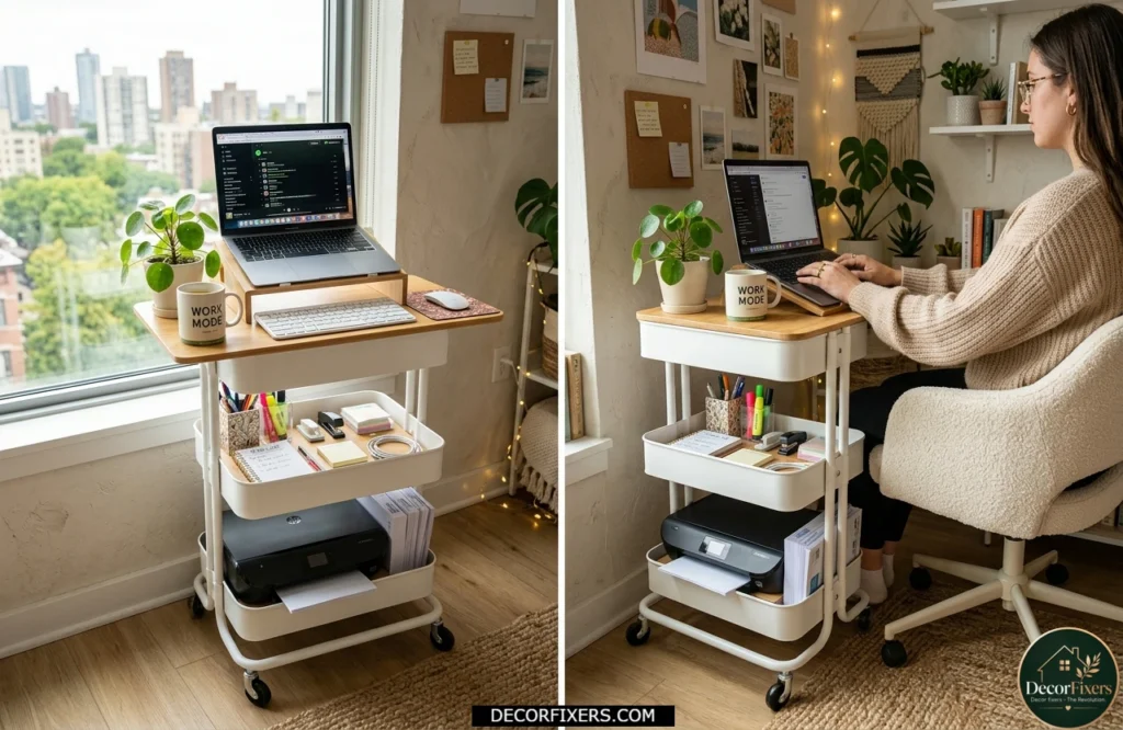 Rolling cart workstation storing office supplies and technology in a compact space