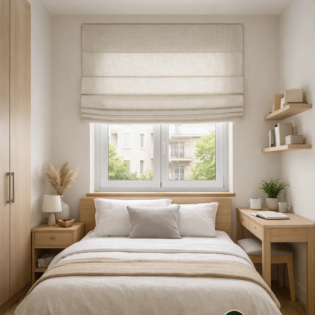 Woven linen Roman shades in a small modern bedroom