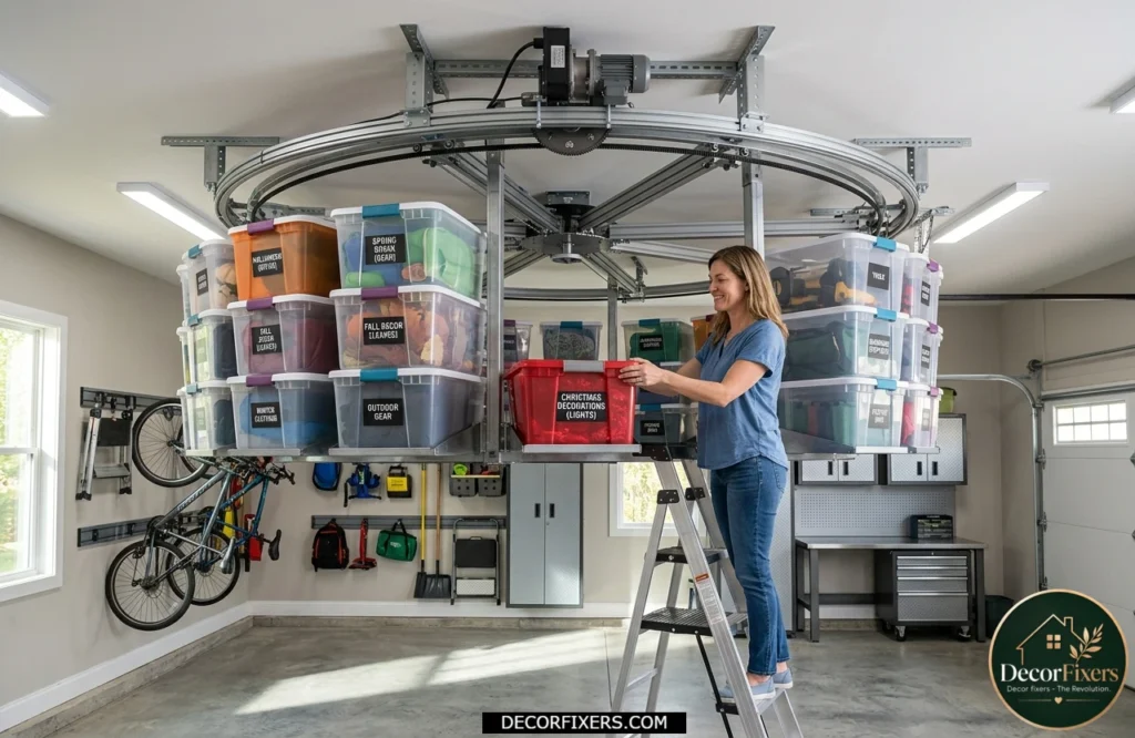 Rotating ceiling storage carousel with labeled seasonal bins for easy access and organization.