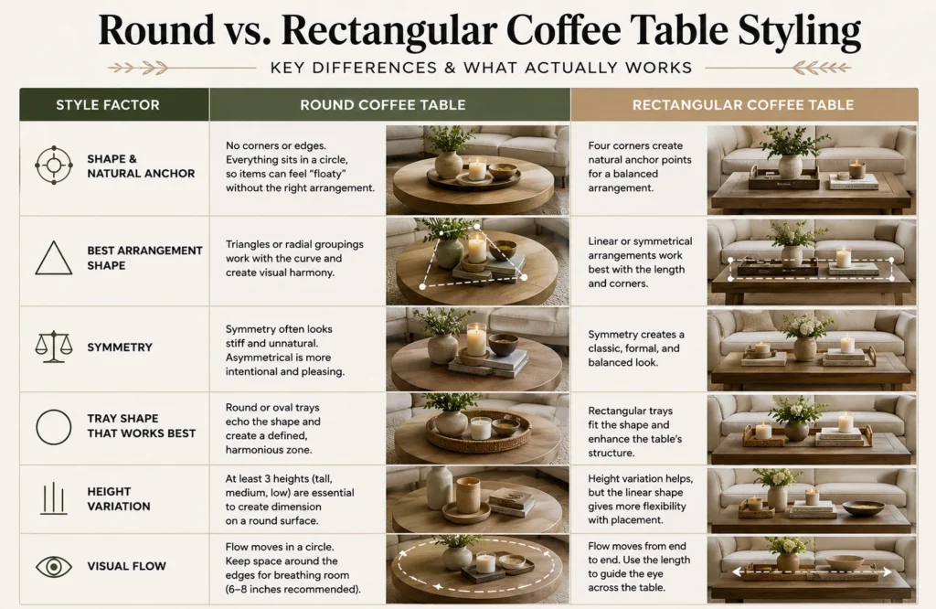 Comparison chart showing differences between styling round and rectangular coffee tables, including arrangement, symmetry, tray shape, height variation, and visual flow.