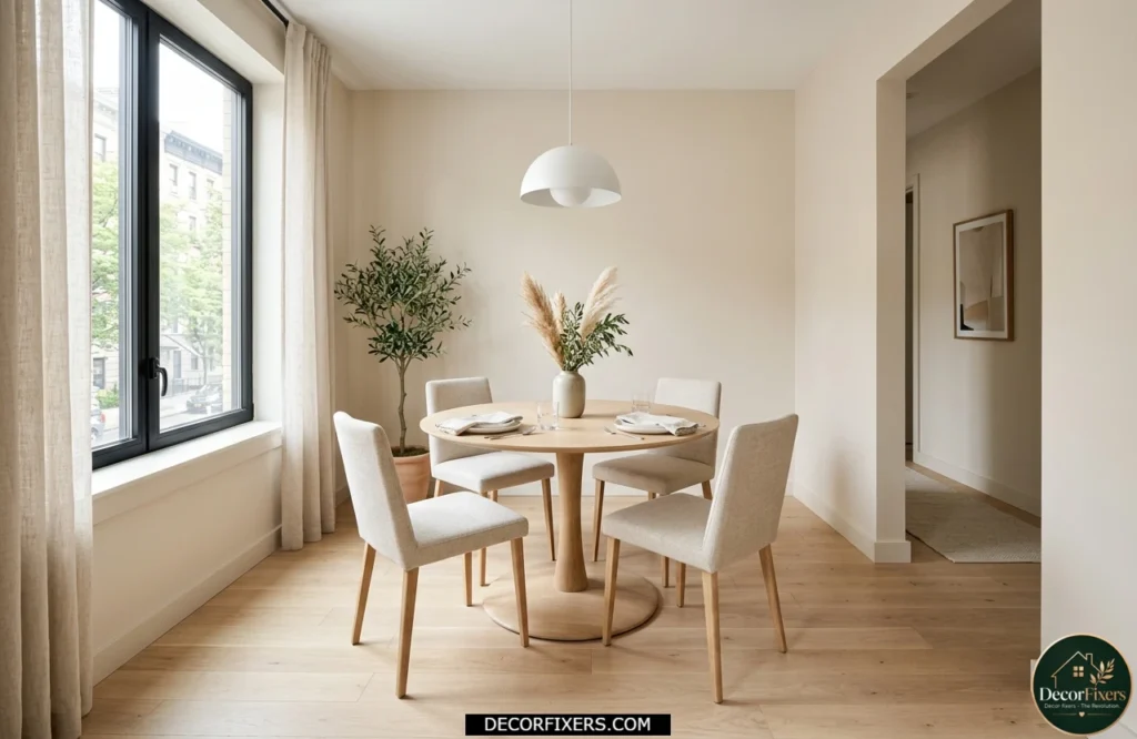 Round pedestal dining table layout maximizing traffic flow in a small square dining room