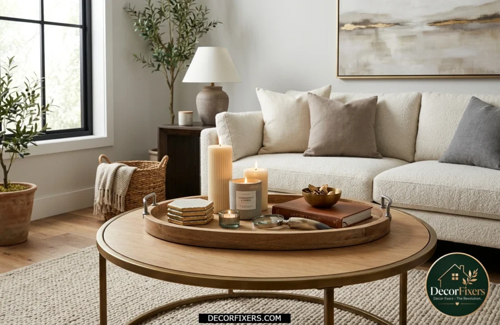 Round coffee table featuring an oval tray used as the foundation for organized decorative accessories.