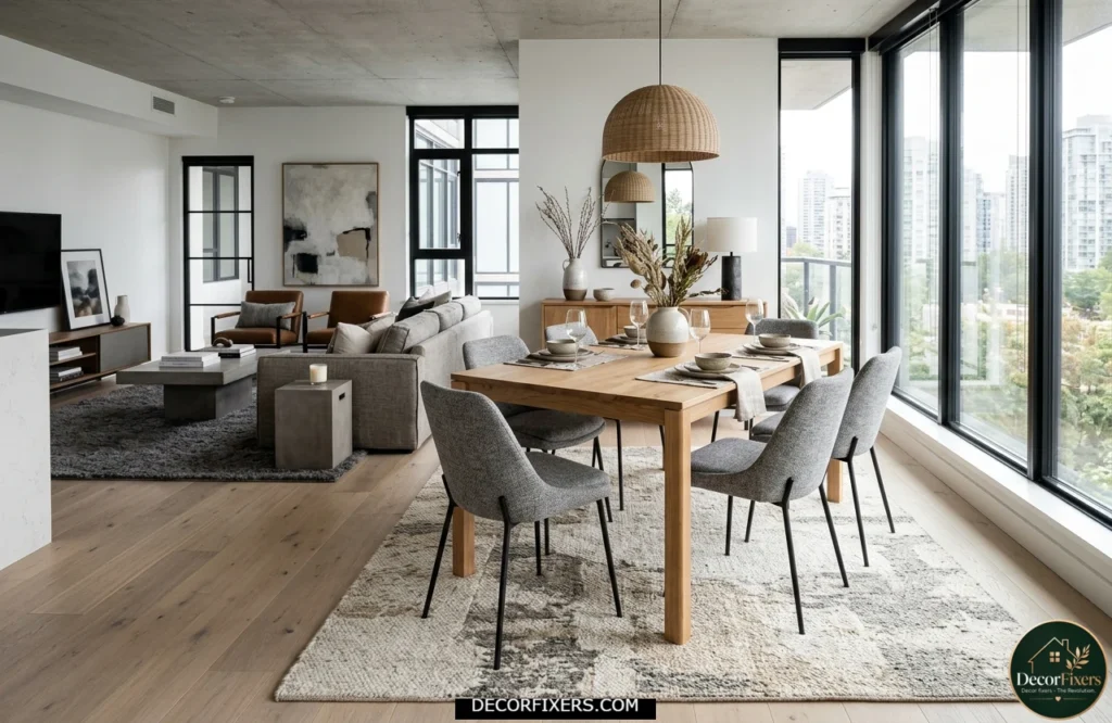Rug-defined dining area creating visual separation in an open-plan home