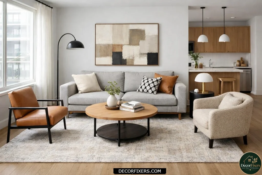 Living room furniture arranged around a properly sized area rug to define the seating zone