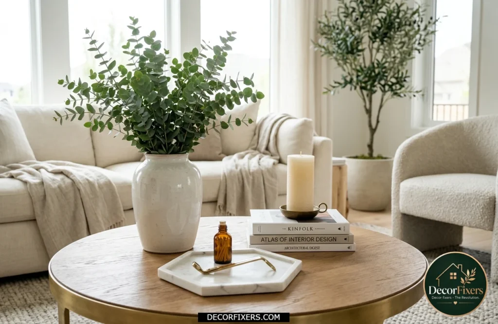 Round coffee table styled with a vase, candle, and tray arranged in a balanced triangular composition.