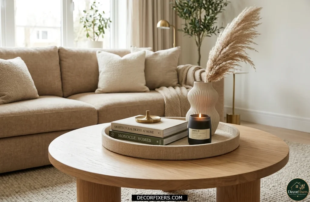 Rule of three coffee table decor with books candle and pampas stem