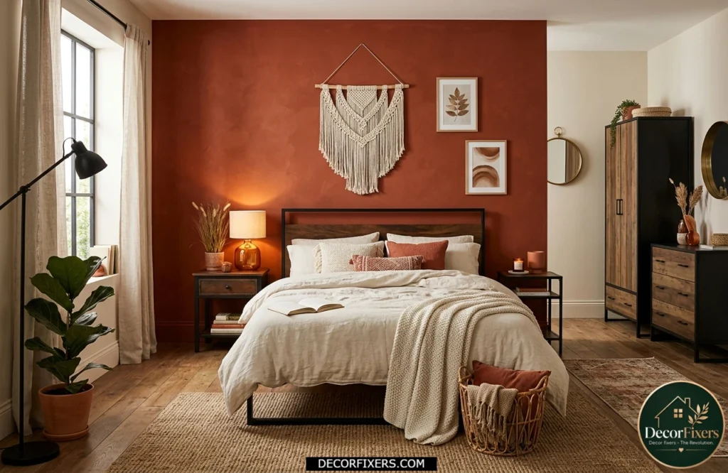 Rust colored bedroom with bold earthy tones and modern bohemian styling.