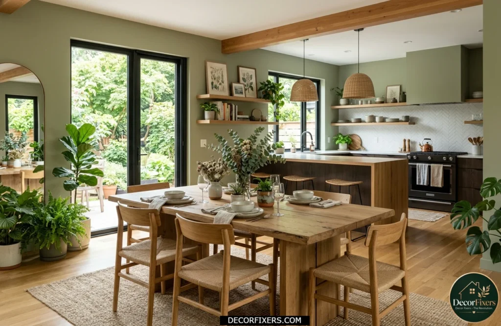 Sage green dining room color idea for open-plan homes and modern kitchens