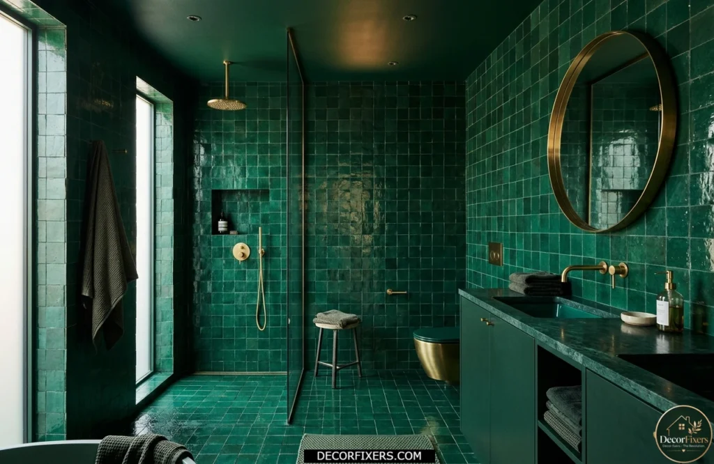 Emerald green color-drenched bathroom tile design