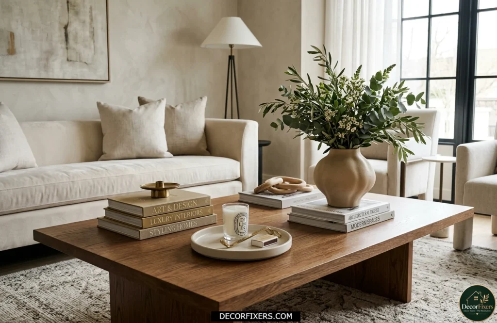Properly scaled coffee table decor with balanced proportions