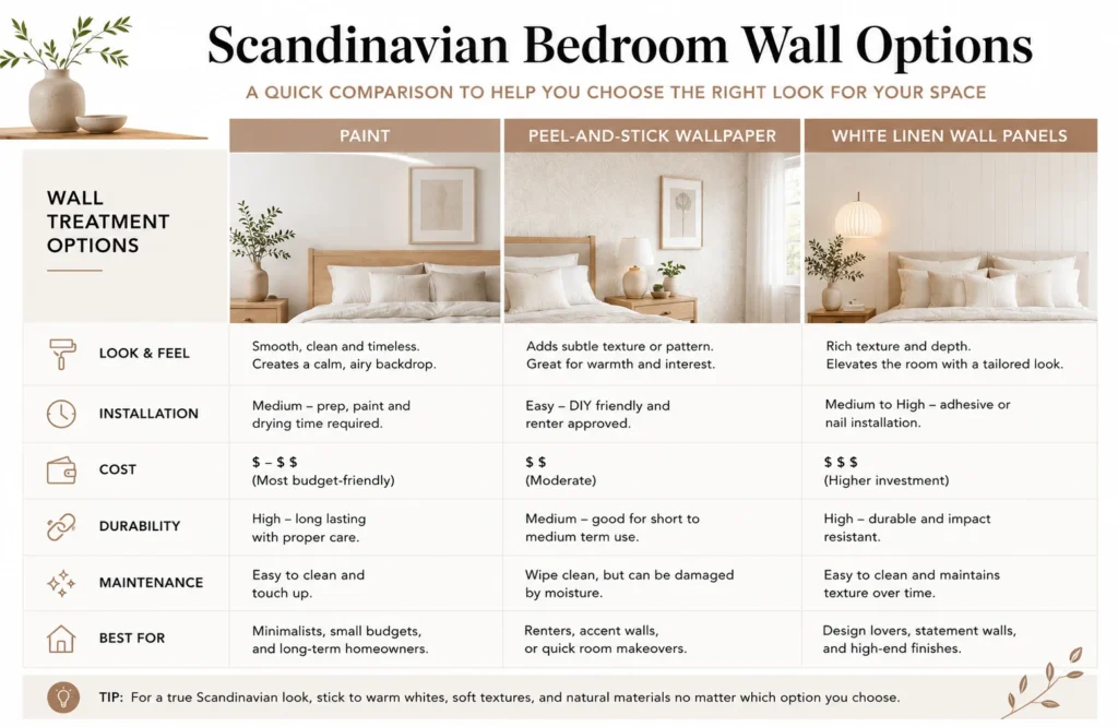 Comparison chart showing Scandinavian bedroom wall options including paint, peel-and-stick wallpaper, and white linen wall panels.