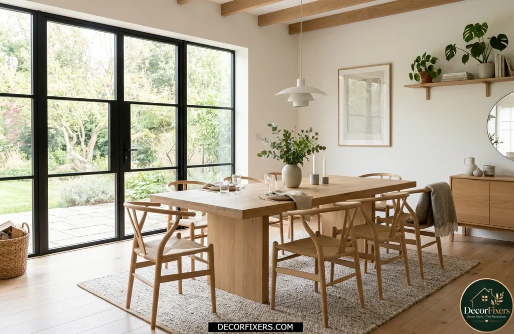 Scandinavian rectangular dining table with light oak finish and minimalist decor