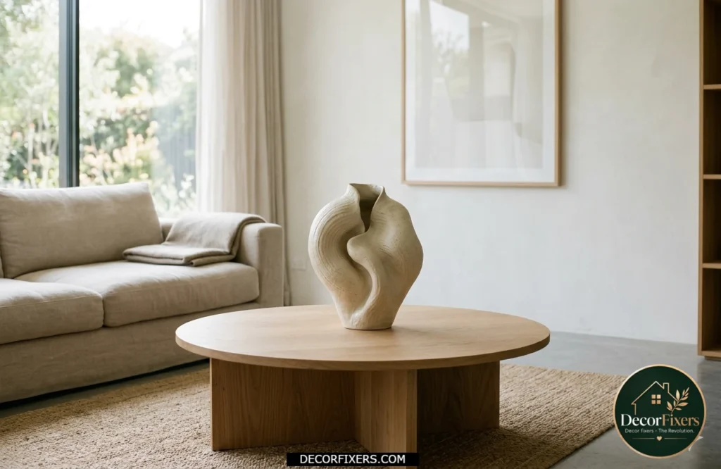 Minimalist round coffee table featuring a single sculptural decorative object as the centerpiece.