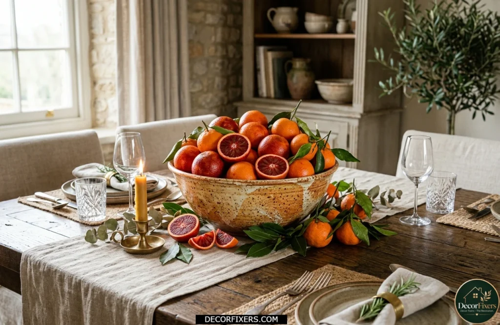 Seasonal fruit bowl centerpiece with oranges arranged on a dining room table