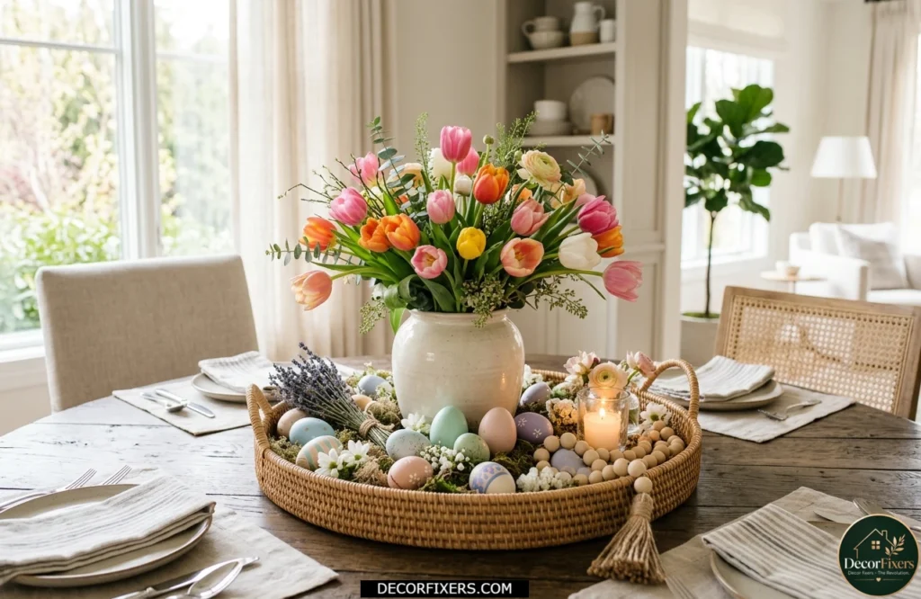 Seasonal rotation centerpiece with decorative tray and spring-inspired accents