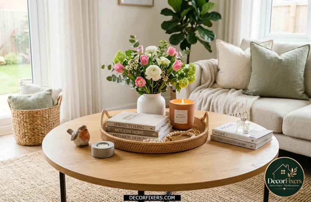 Round coffee table decorated with interchangeable seasonal accessories and fresh flowers.