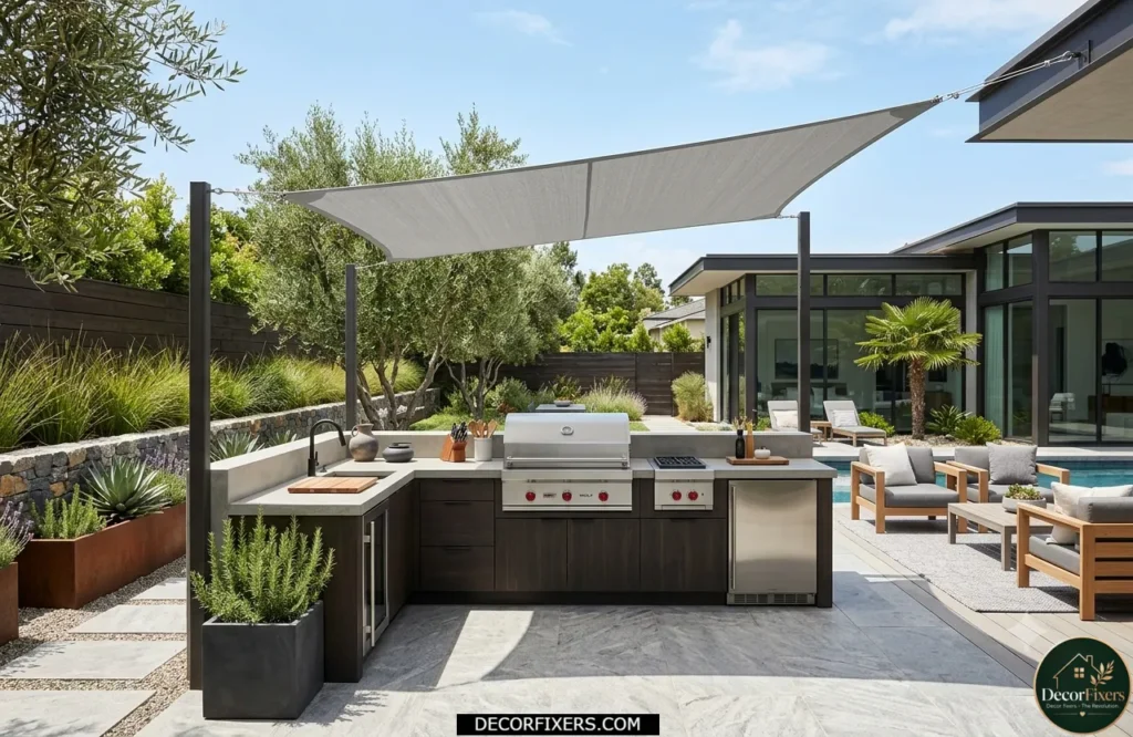 Outdoor kitchen with shade sail covering the cooking zone