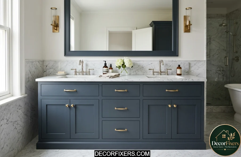 Bathroom vanity upgraded with custom shaker cabinet doors and modern hardware