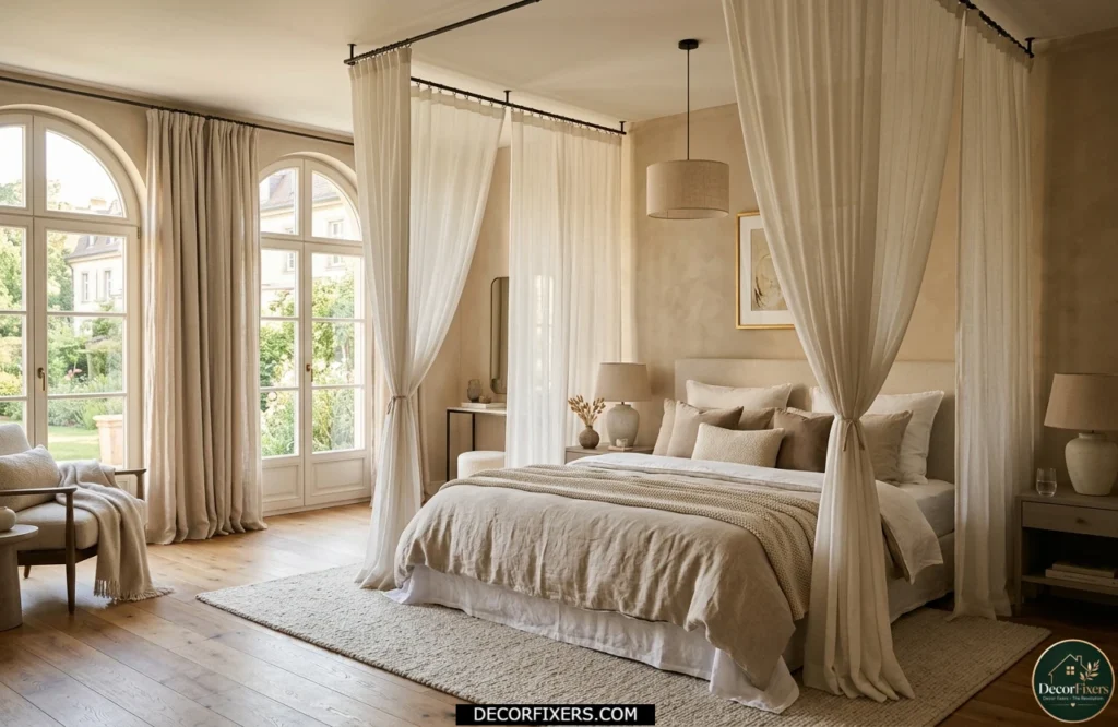 Sheer fabric canopy creating a private and cozy bedroom sleeping zone