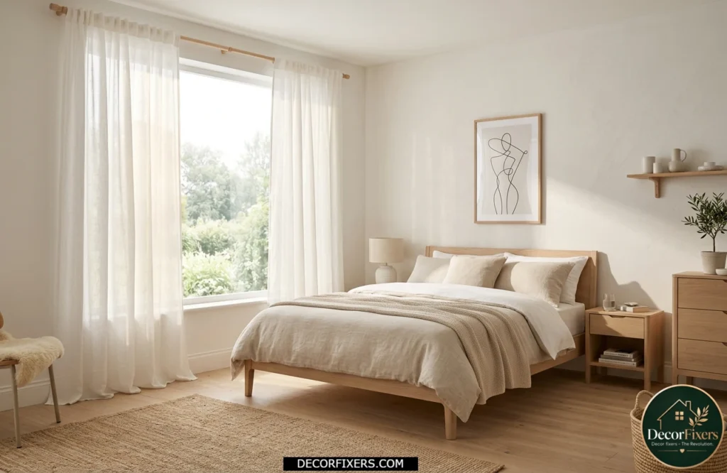 Light-filled Scandinavian bedroom with sheer linen curtains softening natural daylight.