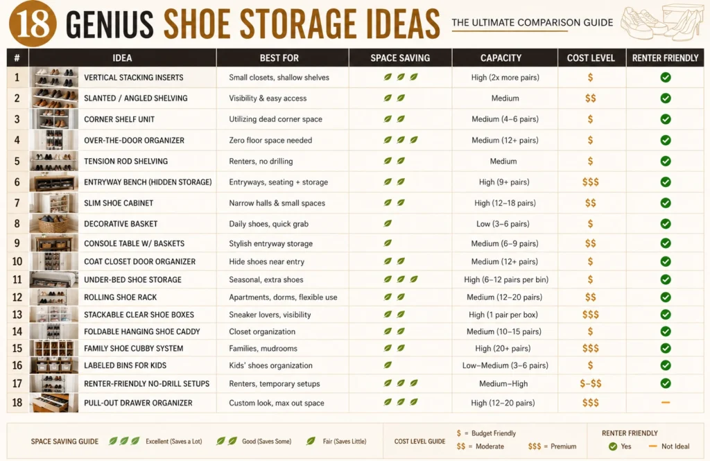 Comparison table showing 18 shoe storage ideas with benefits space savings and storage capacity