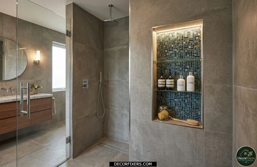 Shower niche finished with decorative mosaic tile detailing