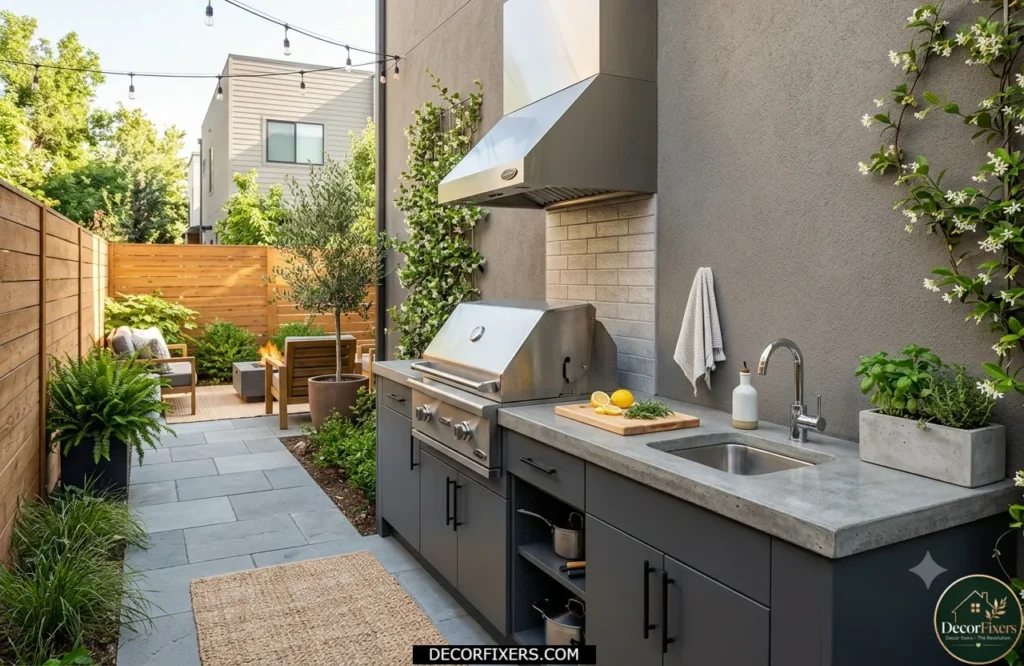 Single-line galley outdoor kitchen designed for a small patio space