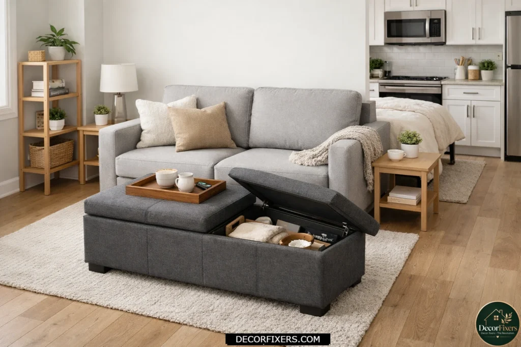 Single sofa and storage ottoman layout maximizing space in a small studio apartment