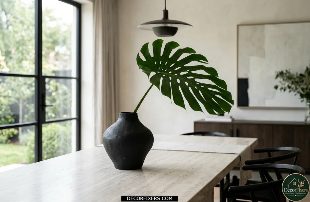 Sculptural black vase with monstera leaf as a modern dining table centerpiece