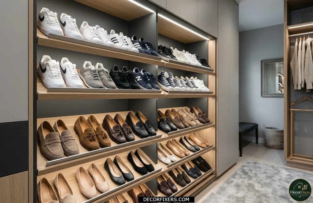 Angled shoe shelves improving visibility in a closet
