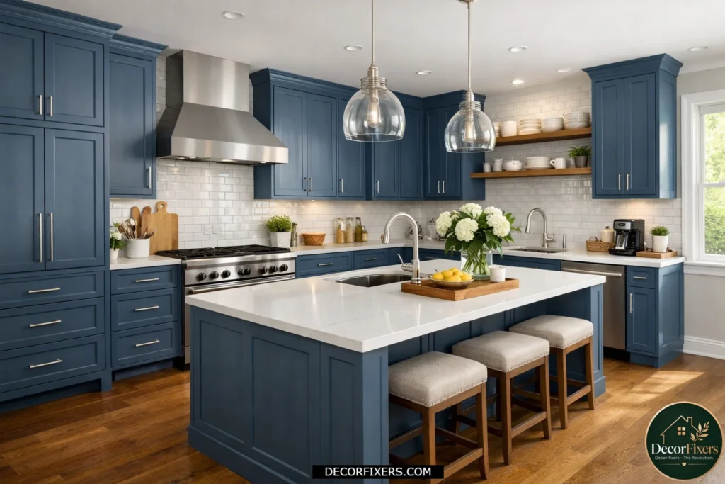 Slate blue kitchen cabinets creating a calm contemporary atmosphere