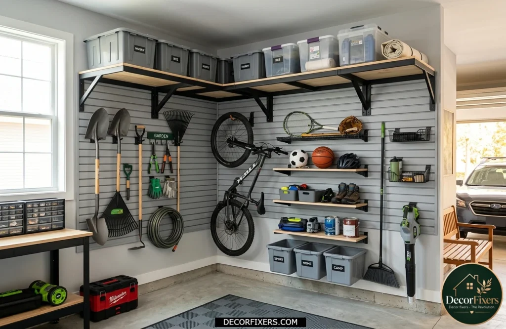 Slatwall and ceiling shelving combination creating flexible garage storage space.