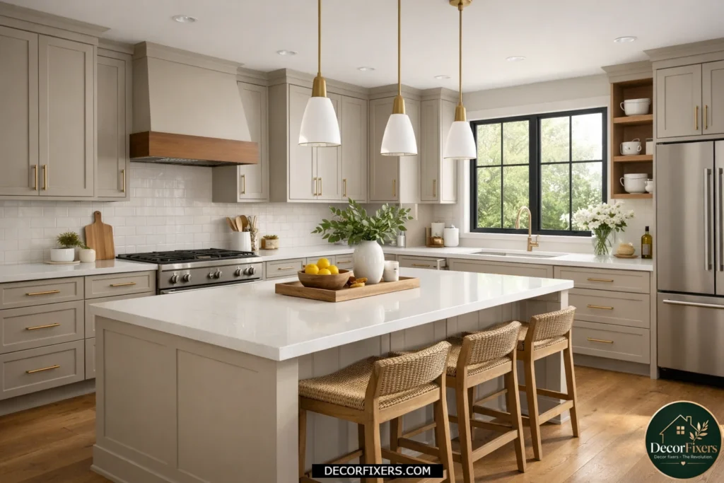 Contemporary kitchen featuring slim shaker cabinets with brass hardware