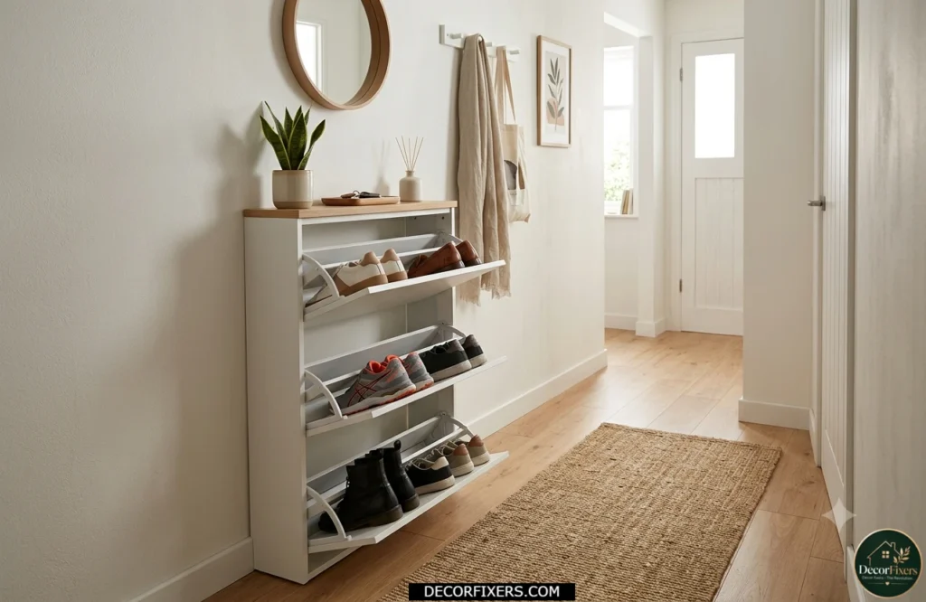 Slim shoe cabinet designed for narrow hallways