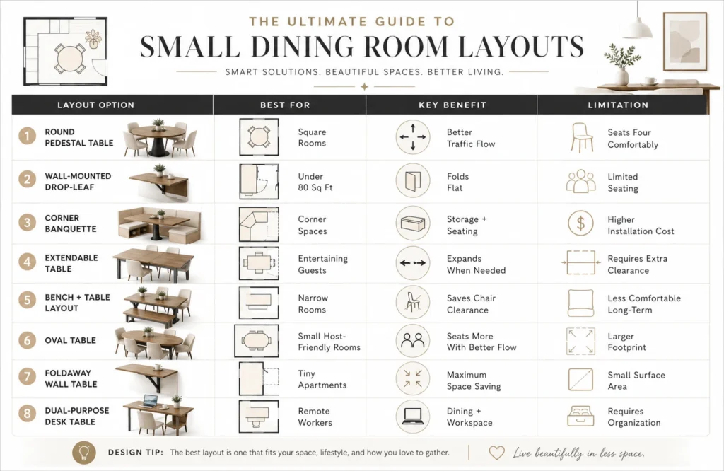 Comparison table of small dining room layouts showing best use cases key benefits and limitations for compact spaces