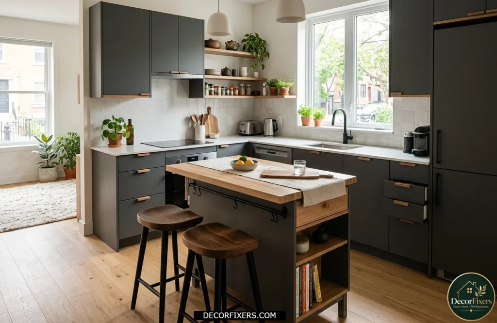 Compact kitchen island designed to maximize workspace in a small kitchen layout.