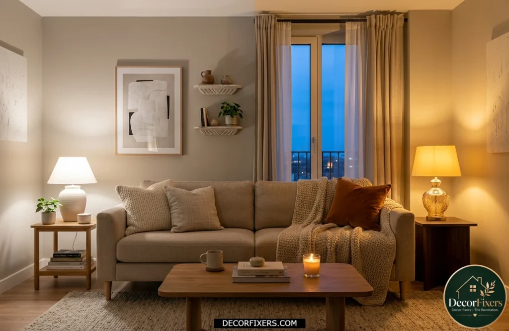 Small living room illuminated with warm 2700K and 3000K lighting for a cozy atmosphere.