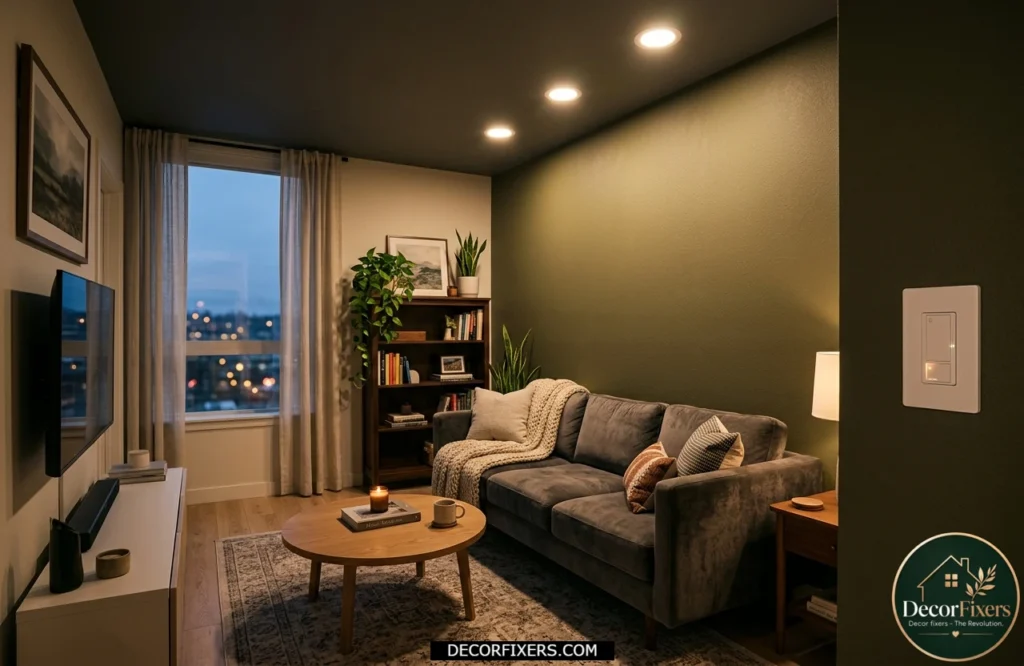 Dimmer switch creating adjustable ambient lighting in a small living room.