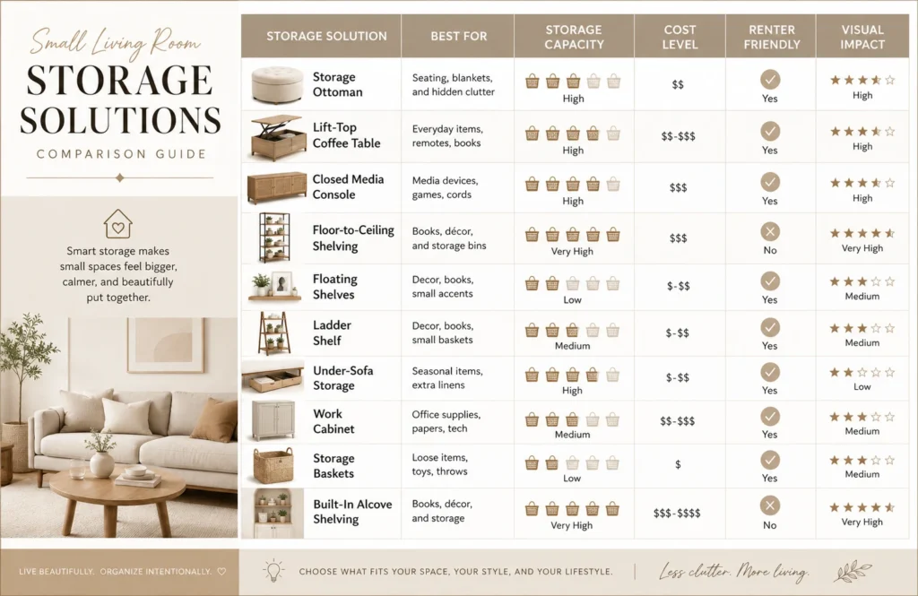 Small living room storage solutions compared by capacity, cost, functionality, and renter-friendly features