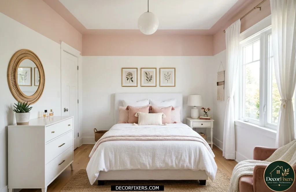 Small blush pink bedroom using two-tone walls to create a spacious feel.
