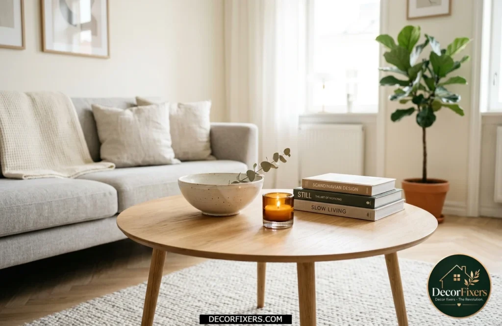 Small round coffee table styled with minimal decor to maintain an open uncluttered appearance.