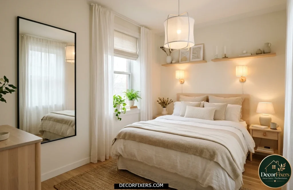 Small Scandinavian bedroom optimized for low light with warm white walls and a large mirror.
