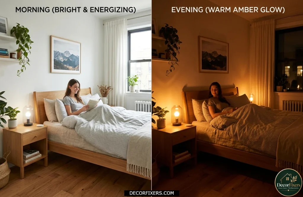 Smart bedroom bulbs transitioning from daylight brightness to evening warmth