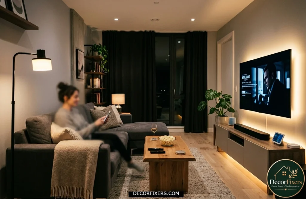 Smart bulbs controlling layered lighting scenes in a small living room.