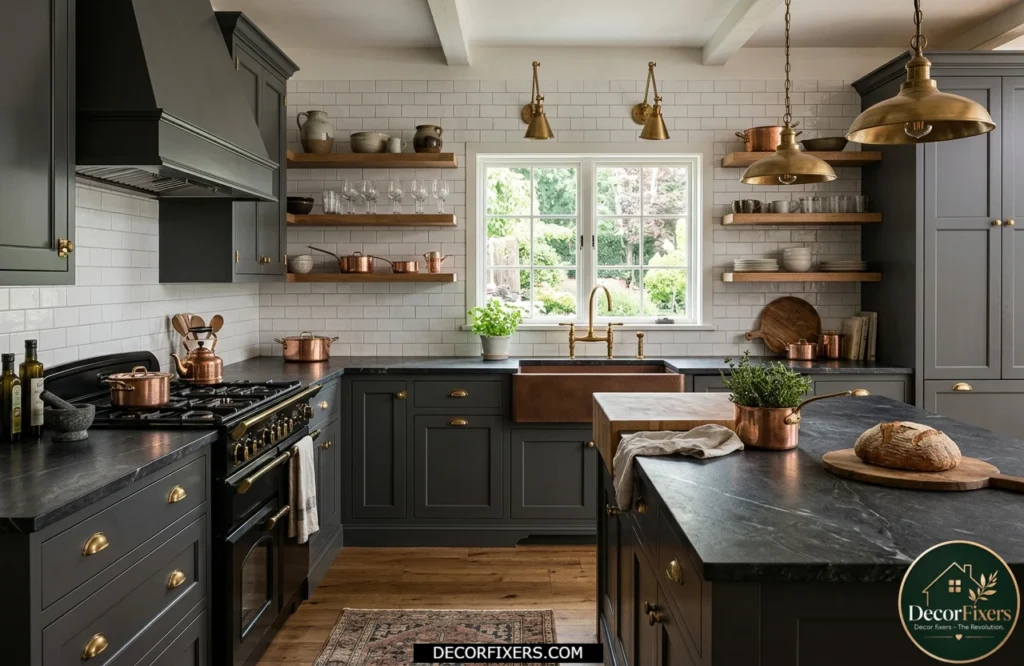 Elegant kitchen with dark soapstone countertops and timeless classic cabinetry