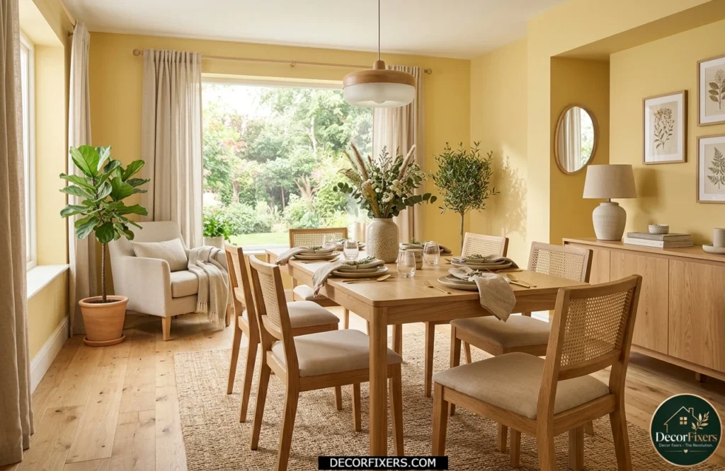 Soft butter yellow dining room color idea with warm natural light