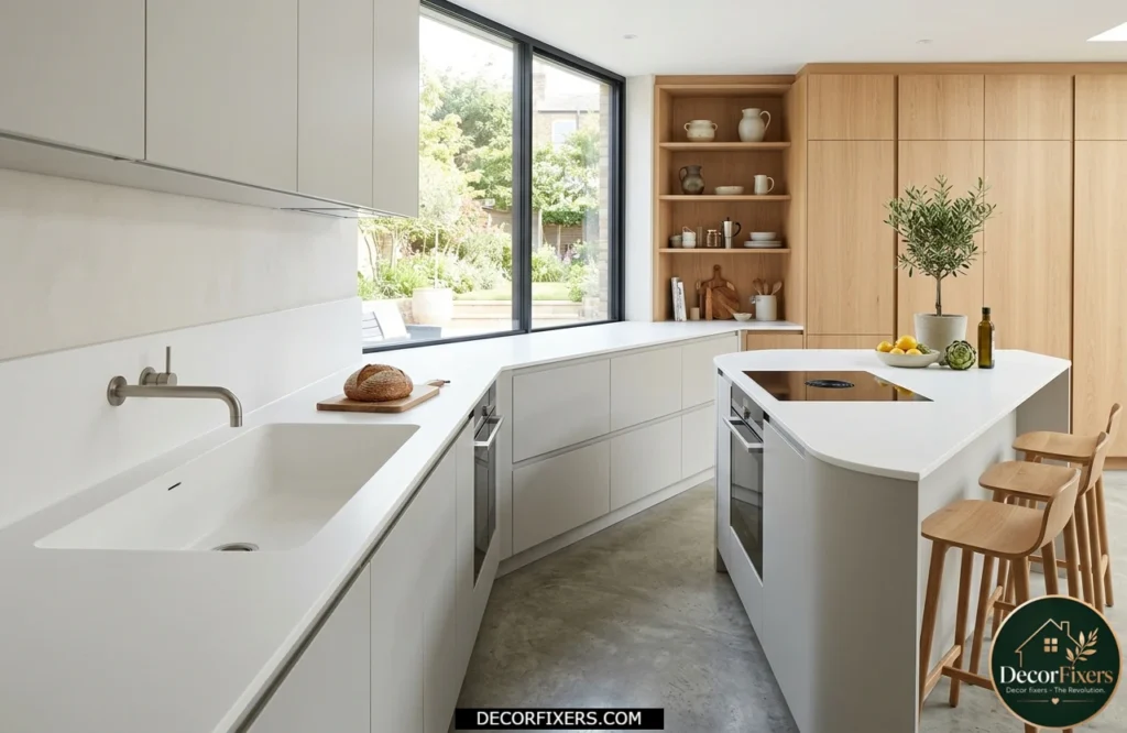 Minimalist kitchen with seamless solid surface countertops and an integrated sink